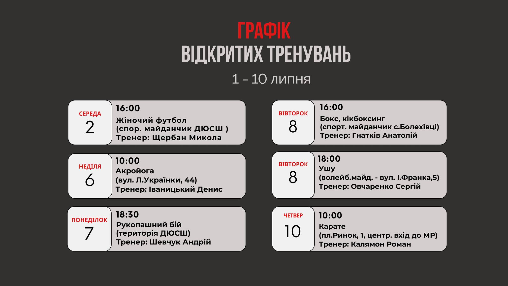 Тривають відкриті тренування з різних видів спорту: графік на наступні два тижні